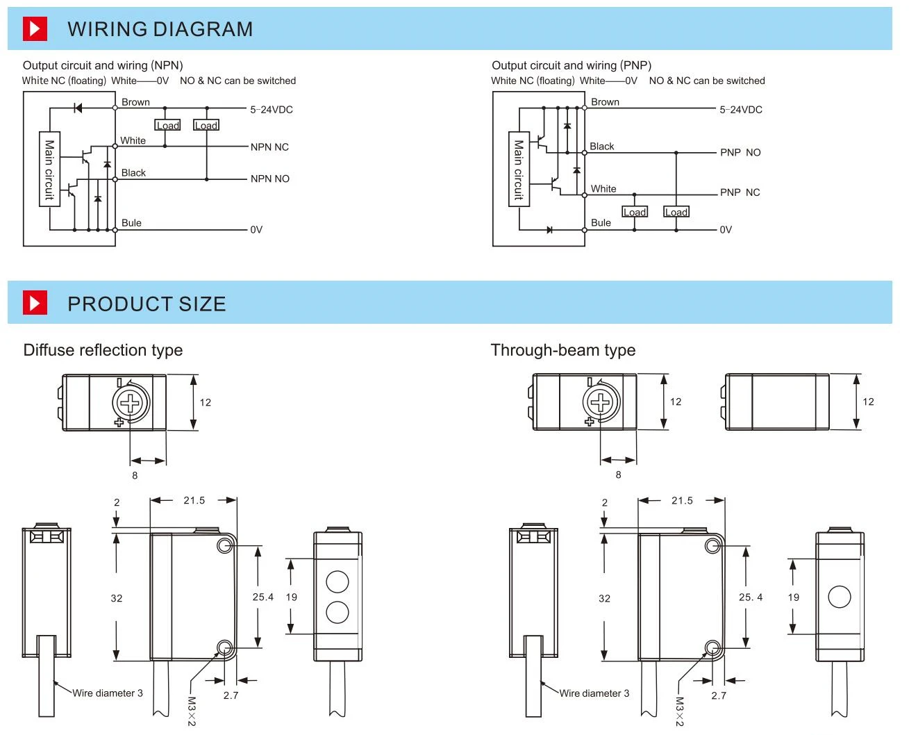 Diffuse Photo Sensor-3 Rectangular Photoelectric Sensor